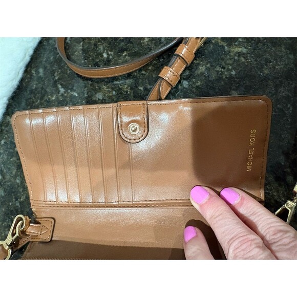 Michael Kors Crossbody Phone Bag Wallet Purse Brown Woven Small Gold Logo - Picture 9 of 10